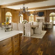 View of classical home &amp; kitchen - View cabinetry, ceiling, countertop, dining room, floor, flooring, hardwood, home, interior design, kitchen, laminate flooring, living room, room, wood, wood flooring, brown, orange