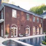 View of classical home &amp; kitchen - View elevation, estate, facade, home, house, property, real estate, roof, siding, window, red, white