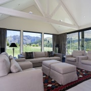 View of lounge which features sofas, white oak ceiling, estate, home, house, interior design, living room, property, real estate, window, gray