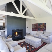 View of lounge which features sofas, white oak architecture, ceiling, daylighting, floor, hearth, home, interior design, living room, loft, real estate, room, gray