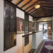 View of the stairway which features glazing - ceiling, flooring, interior design, lobby, real estate, black