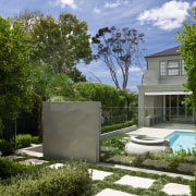 View of garden designed by Robin Shafer Design architecture, daytime, estate, garden, grass, home, house, landscape, landscaping, plant, real estate, residential area, sky, tree, yard, brown