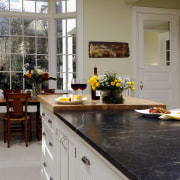 View of kitchen designed by Jennifer Gilmer Kitchen cabinetry, countertop, cuisine classique, floor, flooring, home, interior design, kitchen, room, window, gray