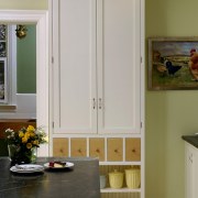 View of kitchen designed by Jennifer Gilmer Kitchen cabinetry, door, floor, furniture, hardwood, home, interior design, room, window, wood, wood stain, gray, brown