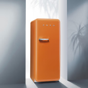 View of classic Smeg refrigerator. - View of home appliance, kitchen appliance, major appliance, orange, product, product design, refrigerator, gray