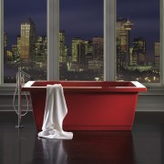View of a bathroom which features a high-end architecture, furniture, interior design, table, window, black, red