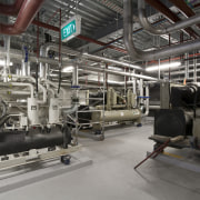 View of mechanical heating and air conditioning at engineering, factory, industry, machine, manufacturing, gray, black