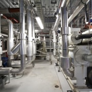 View of mechanical heating and air conditioning at engineering, factory, industry, manufacturing, pipe, gray, black