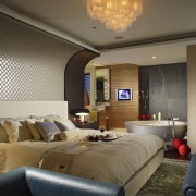 View of bedroom which features a bed with bedroom, ceiling, home, interior design, real estate, room, suite, wall, brown