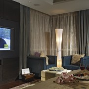 View of bedroom which features a bed, armchairs, home, interior design, living room, room, black, brown