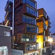 View of the Ironbank building which features rustic apartment, architecture, building, commercial building, condominium, corporate headquarters, elevation, facade, home, house, mixed use, neighbourhood, real estate, residential area, window, blue