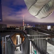 View of a lookout at the Ironbank building architecture, bridge, building, city, fixed link, lighting, metropolis, metropolitan area, reflection, sky, structure, urban area, water, gray, black