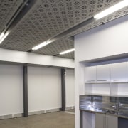 Interior view of the Ironbank building which features architecture, ceiling, daylighting, floor, interior design, product design, gray