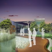 Conceptual view of the Hong Kong pavilion and architecture, condominium, estate, home, house, landscape, mixed use, property, real estate, residential area, water, purple, green