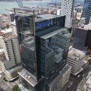 View of the Deloitte Centre at 80 Queen aerial photography, bird's eye view, building, city, cityscape, commercial building, condominium, corporate headquarters, daytime, downtown, landmark, metropolis, metropolitan area, mixed use, skyline, skyscraper, tower, tower block, urban area, gray, black