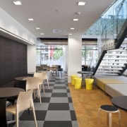 View of the BNZ office staff area which architecture, café, cafeteria, ceiling, daylighting, interior design, lobby, restaurant, gray, black