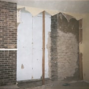 View of living area with fireplace prior to plaster, property, wall, gray, brown