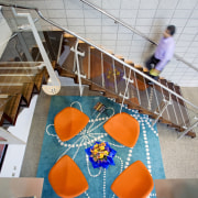 Interior view of the Express Data offices which flooring, stairs, gray