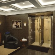 View of a high-end bathroom which features a ceiling, interior design, lobby, room, brown