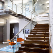 Interior view of the Express Data offices which architecture, daylighting, glass, handrail, interior design, lobby, stairs, red, gray