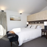 View of the master bedroom in a house architecture, bed frame, bedroom, ceiling, floor, home, interior design, real estate, room, suite, wall, gray