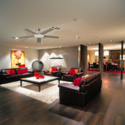View of the lounge area which features timber ceiling, floor, flooring, interior design, living room, lobby, room, black