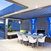 Exterior view of outdoor area which features aluminium ceiling, daylighting, estate, house, interior design, property, real estate, roof, blue, white