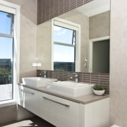View of the bathroom which feature a vanity architecture, bathroom, daylighting, estate, interior design, property, real estate, window, gray