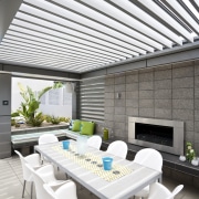 Exterior view of an outdoor entertaining area which ceiling, daylighting, interior design, roof, table, white, gray