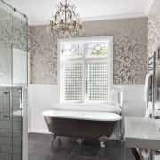 View of bathroom in a 1930s bungalow designed bathroom, floor, home, interior design, room, tile, wall, window, gray