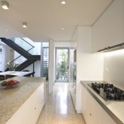 Main kitchen also stairway in the distance - architecture, countertop, daylighting, estate, house, interior design, kitchen, real estate, gray