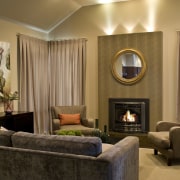 Lounge room with Fireplace, furniture &amp; curtains ceiling, home, interior design, living room, room, suite, wall, window treatment, brown, orange