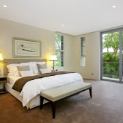 View of apartment with lounge opening out to bed frame, bedroom, ceiling, estate, floor, home, interior design, property, real estate, room, suite, window, gray