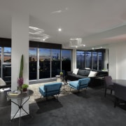 View of this contemporary apartment - View of ceiling, interior design, living room, real estate, room, gray, black