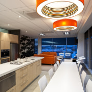 View from dining room overlooking kitchen &amp; living ceiling, interior design, kitchen, product design, white