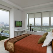 The bedroom with colour and lots of windows bedroom, condominium, interior design, penthouse apartment, property, real estate, room, suite, window, gray