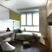 View of this bedroom with contemporary furniture - architecture, bedroom, ceiling, floor, interior design, room, window, wood, white, brown