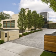 View of house with solid horizontal elements contrasted architecture, backyard, estate, facade, home, house, neighbourhood, property, real estate, residential area, brown, gray