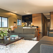 View of the main living room &amp; kitchen ceiling, home, interior design, living room, real estate, room, suite, white, brown