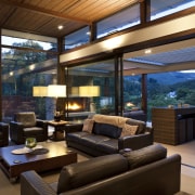 View of living space which features floor to house, interior design, living room, real estate, window, brown, black