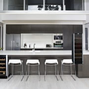 View of a kitchen which features a Vintec countertop, furniture, interior design, kitchen, product design, white, black