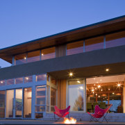 Designed by Robert Swatt, FAIA, Swatt | Miers architecture, building, elevation, evening, facade, home, house, real estate, roof, sky, window, blue