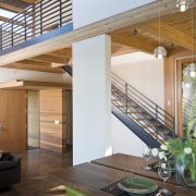 Designed by Robert Swatt, FAIA, Swatt | Miers apartment, architecture, ceiling, daylighting, home, house, interior design, real estate, stairs, window, wood, white