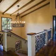 View from the top of the stairway - architecture, beam, ceiling, daylighting, estate, floor, flooring, handrail, hardwood, home, house, interior design, real estate, room, stairs, wall, wood, brown