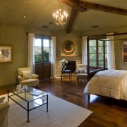 Interior view of master bedroom with polished wood ceiling, estate, home, house, interior design, living room, property, real estate, room, wall, window, brown