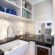 Benchtop area within the pantry of this traditional bathroom, cabinetry, countertop, home, interior design, kitchen, room, sink, gray