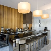 View of the kitchen area - View of architecture, ceiling, countertop, dining room, interior design, kitchen, light fixture, real estate, table, gray