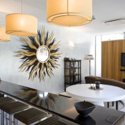 View of the pool side living area - ceiling, dining room, interior design, kitchen, light fixture, lighting, product design, gray, white