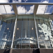 Exterior view of the brewhouse which was constructed architecture, building, commercial building, corporate headquarters, daylighting, facade, glass, metropolitan area, mixed use, structure, gray, black