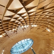 Interior view of the Wellington Supreme Court which architecture, beam, ceiling, daylighting, floor, interior design, light, lighting, line, structure, wood, orange, brown